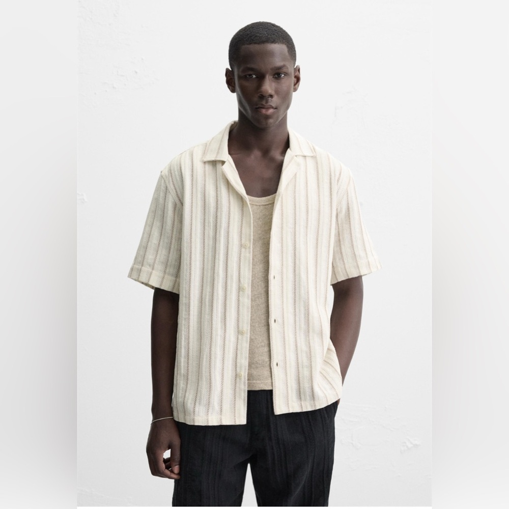 Zara Cream Striped Casual Button Down Shirt